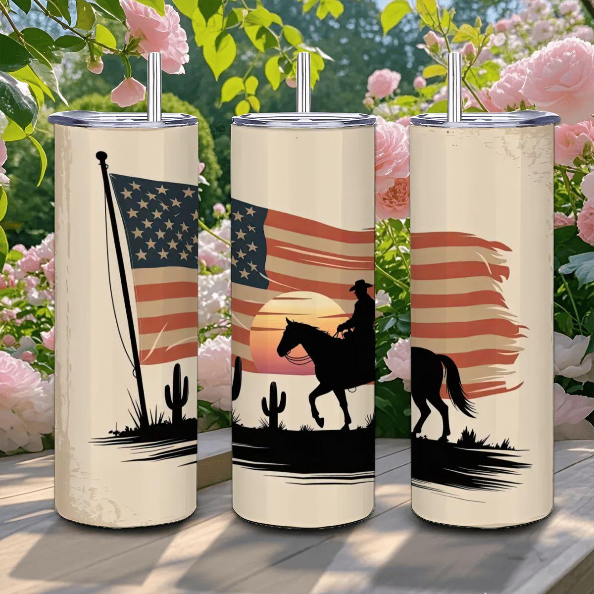 Cowboy American Flag Tumbler: 20oz Stainless Steel Western Cup