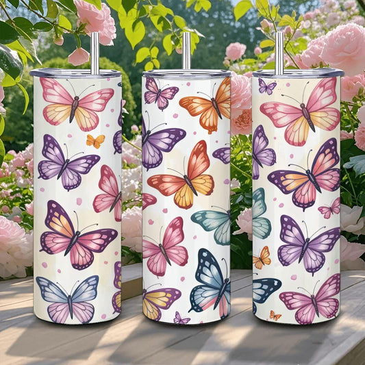 Watercolor Butterfly Tumbler: Stainless Steel Insulated Cup with Straw