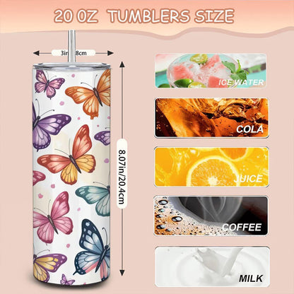 Watercolor Butterfly Tumbler: Stainless Steel Insulated Cup with Straw