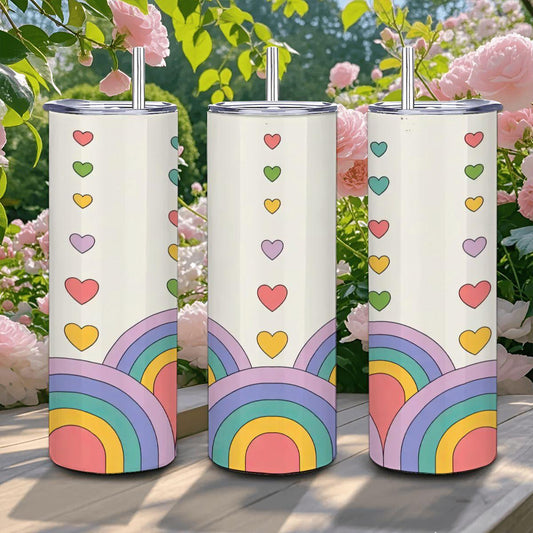 Pastel Rainbow Hearts Tumbler: Insulated Stainless Steel Cup with Straw