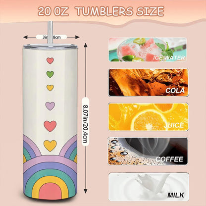 Pastel Rainbow Hearts Tumbler: Insulated Stainless Steel Cup with Straw