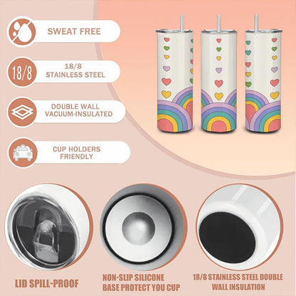 Pastel Rainbow Hearts Tumbler: Insulated Stainless Steel Cup with Straw