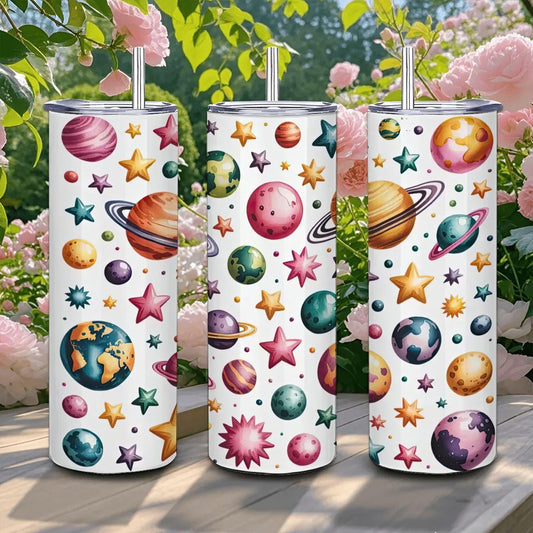 Space Planets & Stars Tumbler with Straw: Insulated Stainless Steel Galaxy Cup