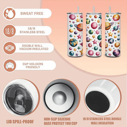 Space Planets & Stars Tumbler with Straw: Insulated Stainless Steel Galaxy Cup