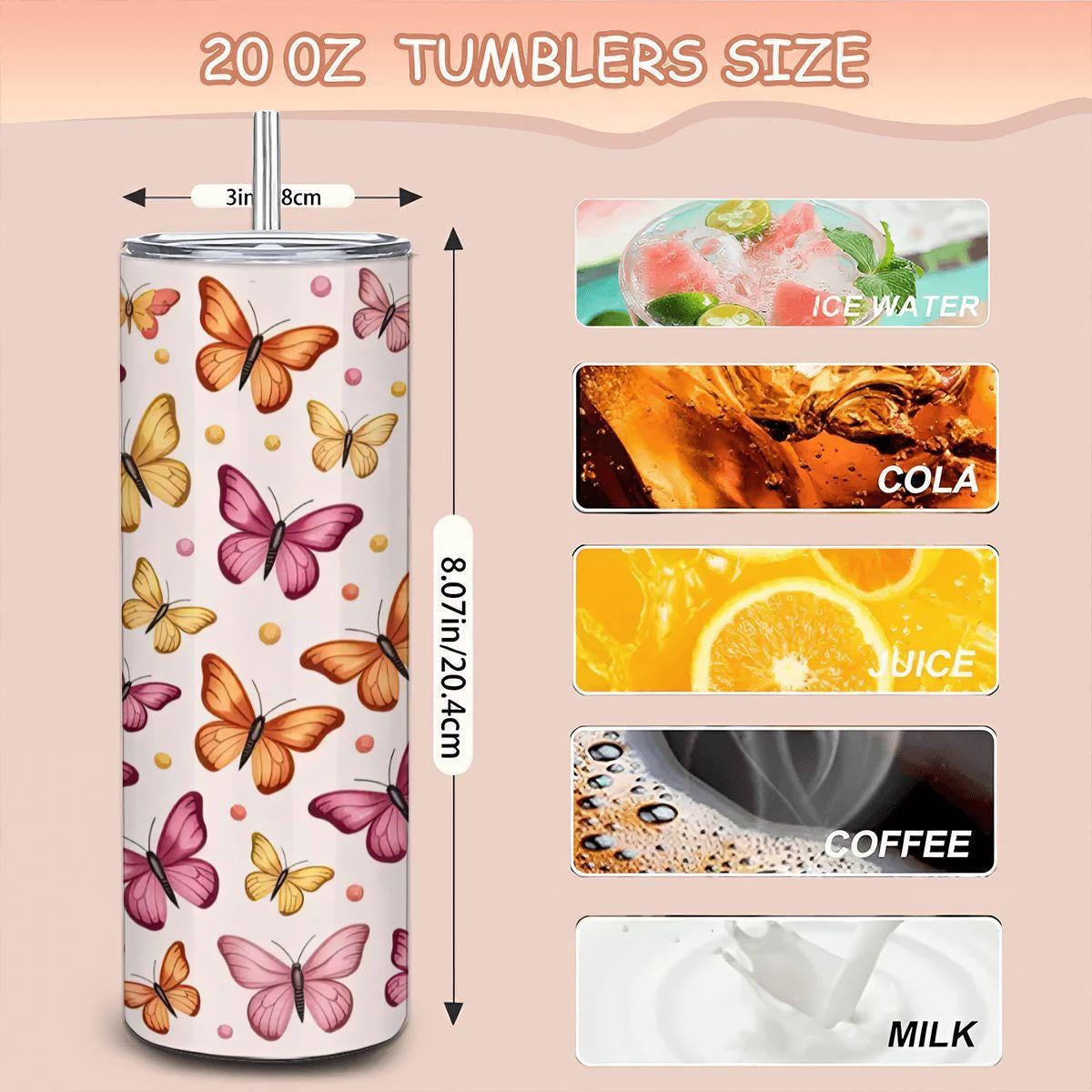 Butterfly Tumbler: Pink Orange Stainless Steel Insulated Mug
