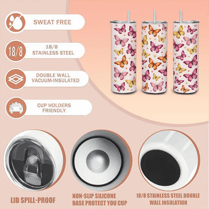 Butterfly Tumbler: Pink Orange Stainless Steel Insulated Mug