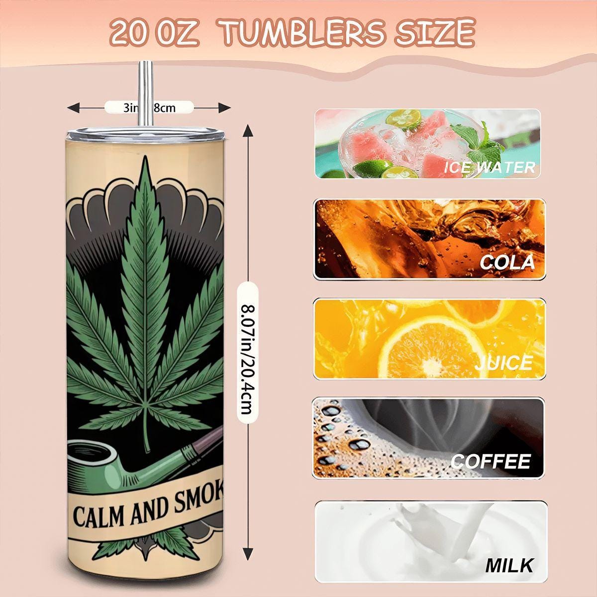 Green Leaf Tumbler: Stainless Steel Vintage Botanical Art 20oz