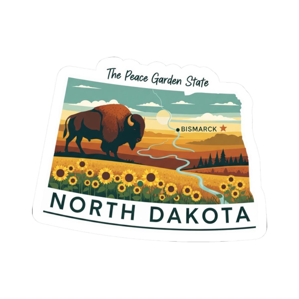North Dakota Vinyl Sticker: Sunflower Bison Sunset - Waterproof State Decal