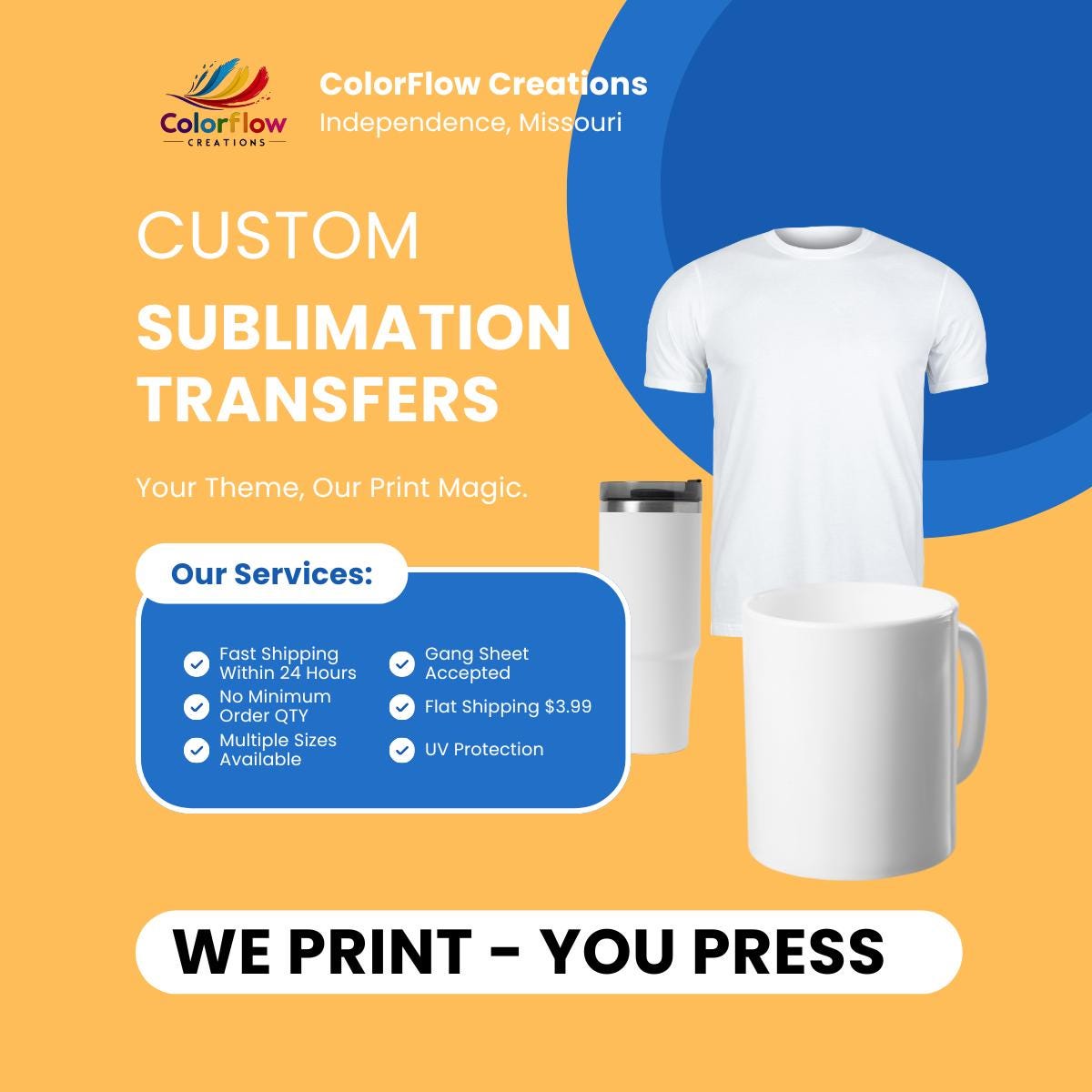 ColorFlow | Fast Sublimation Print | Send Image to Print | Premium Transfer | Flat Packed | No File Edits | Express Option