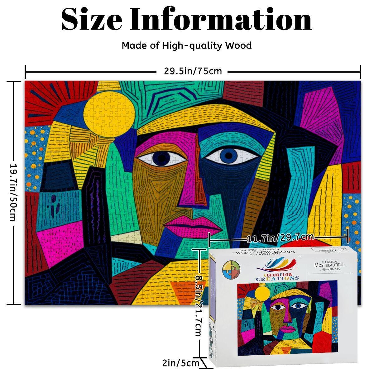 ColorFlow | Vivid Aurora Wooden Puzzle | Picasso Inspired Modern Face Jigsaw | Bright Abstract Wood Art Puzzle