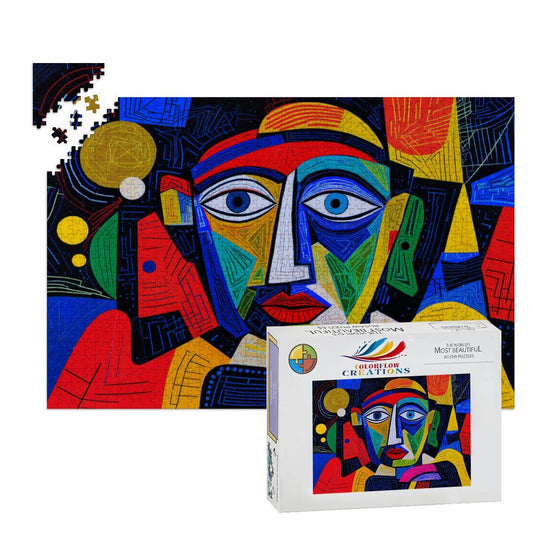ColorFlow | Midnight Spectrum Wooden Puzzle | Picasso Inspired Colorful Face Jigsaw | Modern Art Wood Puzzle Gift