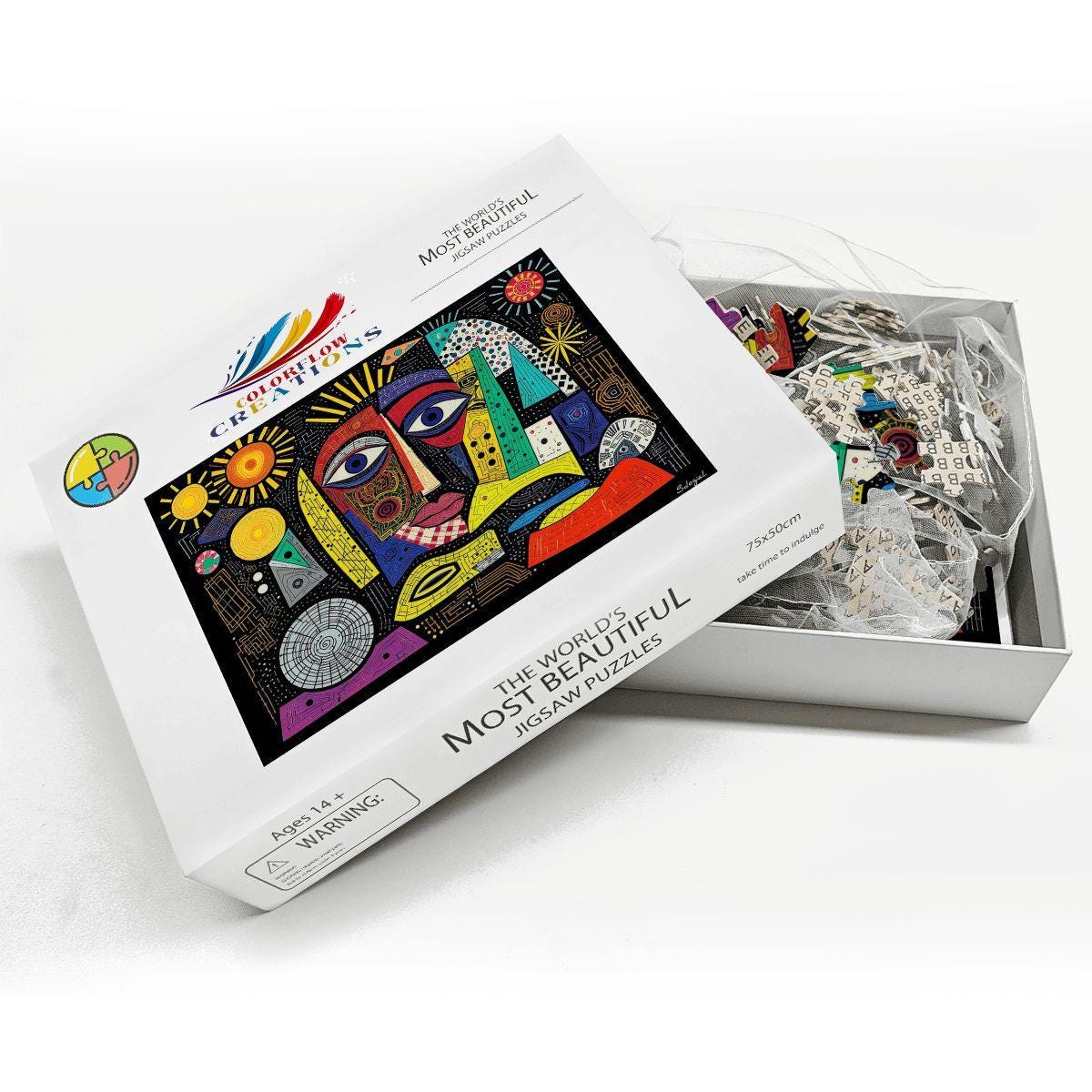 ColorFlow | Celestial Fusion Wooden Puzzle | Picasso Inspired Abstract Sun Jigsaw | Modern Art Wood Puzzle Gift