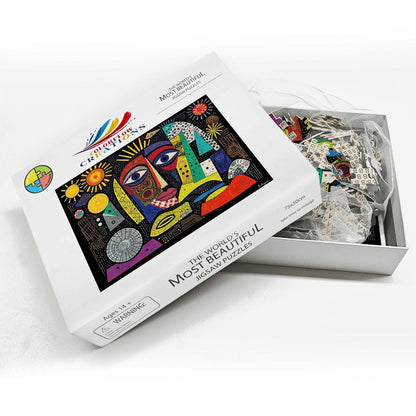 ColorFlow | Celestial Fusion Wooden Puzzle | Picasso Inspired Abstract Sun Jigsaw | Modern Art Wood Puzzle Gift