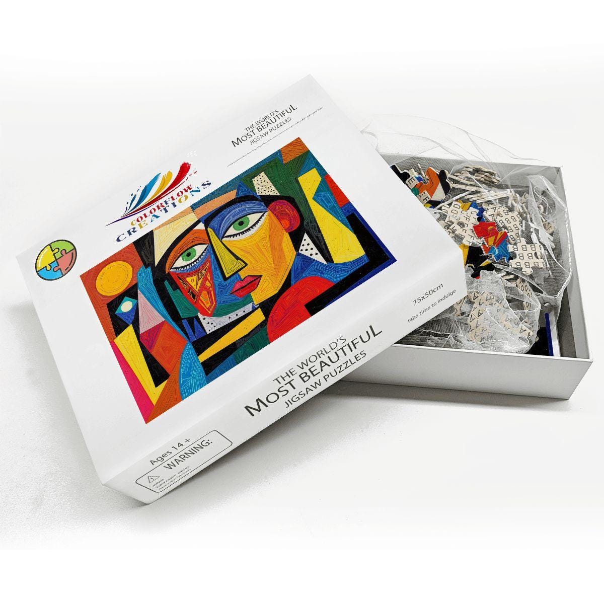 ColorFlow | Spectrum Muse Wooden Puzzle | Picasso Inspired Colorful Face Jigsaw | Modern Abstract Wood Puzzle