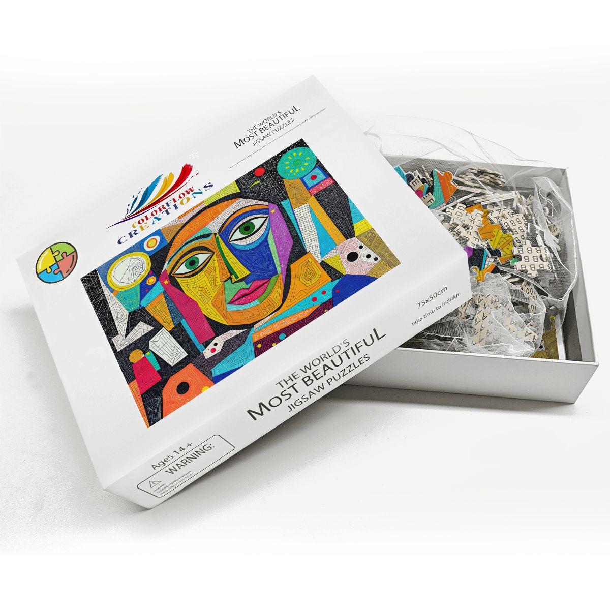 ColorFlow | Cosmic Reflection Wooden Puzzle | Picasso Inspired Abstract Face Jigsaw | Modern Art Wood Puzzle Gift