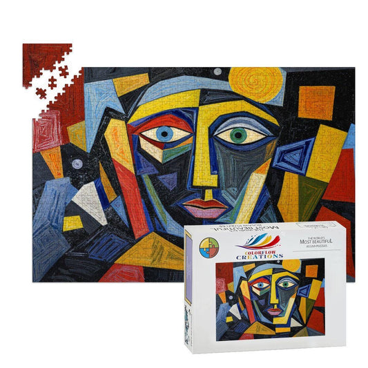 ColorFlow | Sunlit Echo Wooden Puzzle | Picasso Inspired Geometric Face Jigsaw | Modern Art Wood Puzzle Gift
