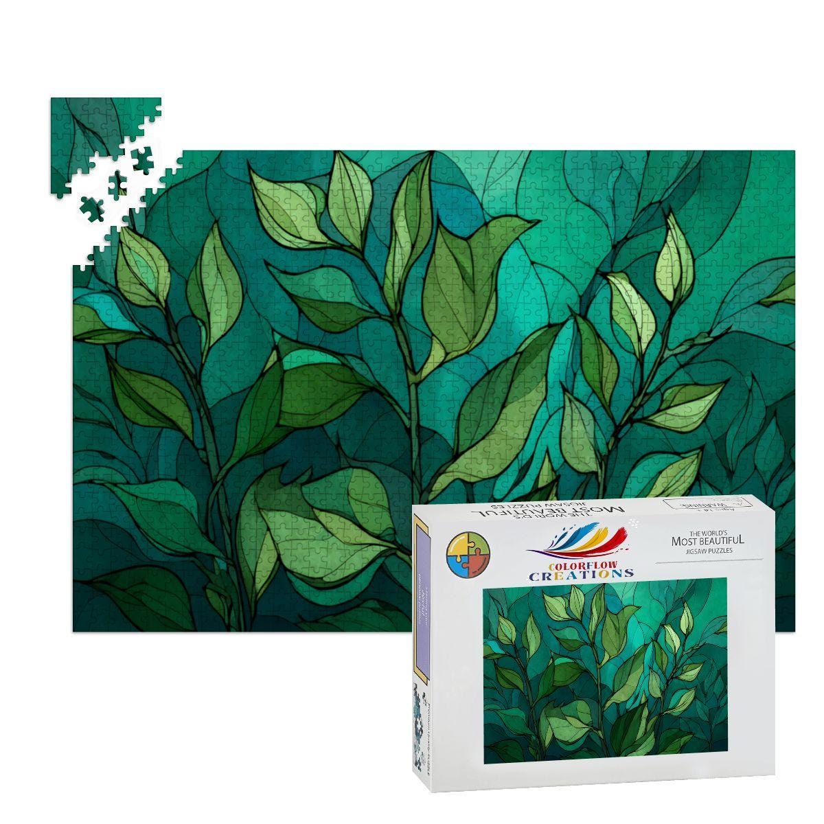 ColorFlow | Wooden Jigsaw Puzzle | Stained Glass Leaves Art Wood Puzzle for Adults and Kids | Relaxing  Puzzle Gift