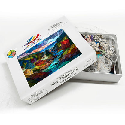 ColorFlow | Wooden Jigsaw Puzzle | Stained Glass Mountain Village Art Wood Puzzle for Adults and Kids | Relaxing Gift
