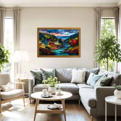 ColorFlow | Wooden Jigsaw Puzzle | Stained Glass Mountain Village Art Wood Puzzle for Adults and Kids | Relaxing Gift