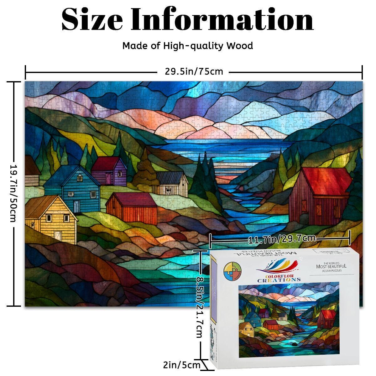 ColorFlow | Wooden Jigsaw Puzzle | Stained Glass Mountain Village Art Wood Puzzle for Adults and Kids | Relaxing Gift