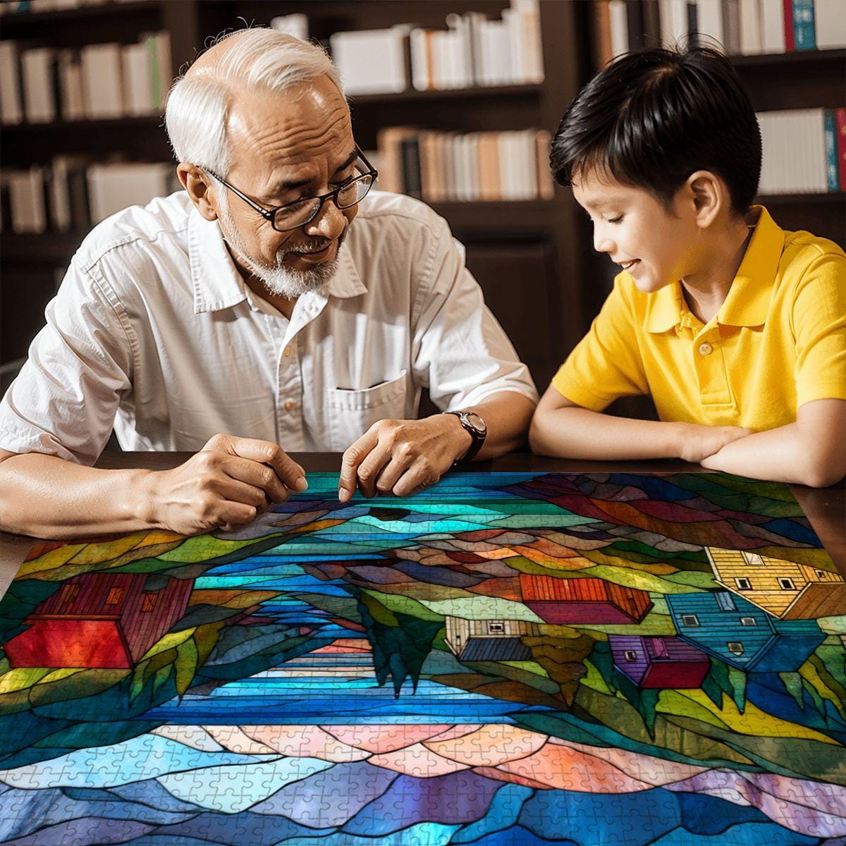 ColorFlow | Wooden Jigsaw Puzzle | Stained Glass Mountain Village Art Wood Puzzle for Adults and Kids | Relaxing Gift