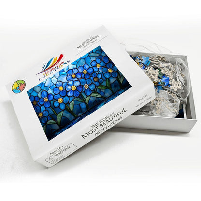 ColorFlow | Wooden Jigsaw Puzzle | Stained Glass Blue Flower Art Wood Puzzle for Adults and Kids | Relaxing Gift