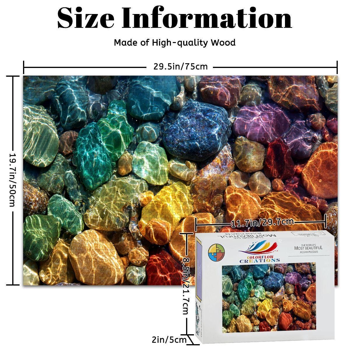 ColorFlow | Wooden Jigsaw Puzzle | Rainbow River Stones Art Wood Puzzle for Adults and Kids | Relaxing  Puzzle