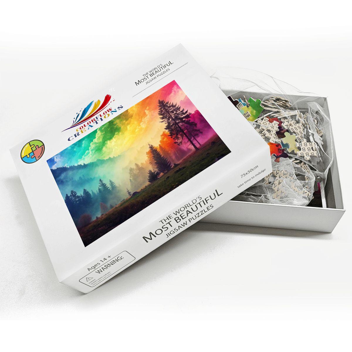 ColorFlow | Wooden Jigsaw Puzzle | Rainbow Mist Forest Art Wood Puzzle for Adults and Kids | Relaxing  Gift