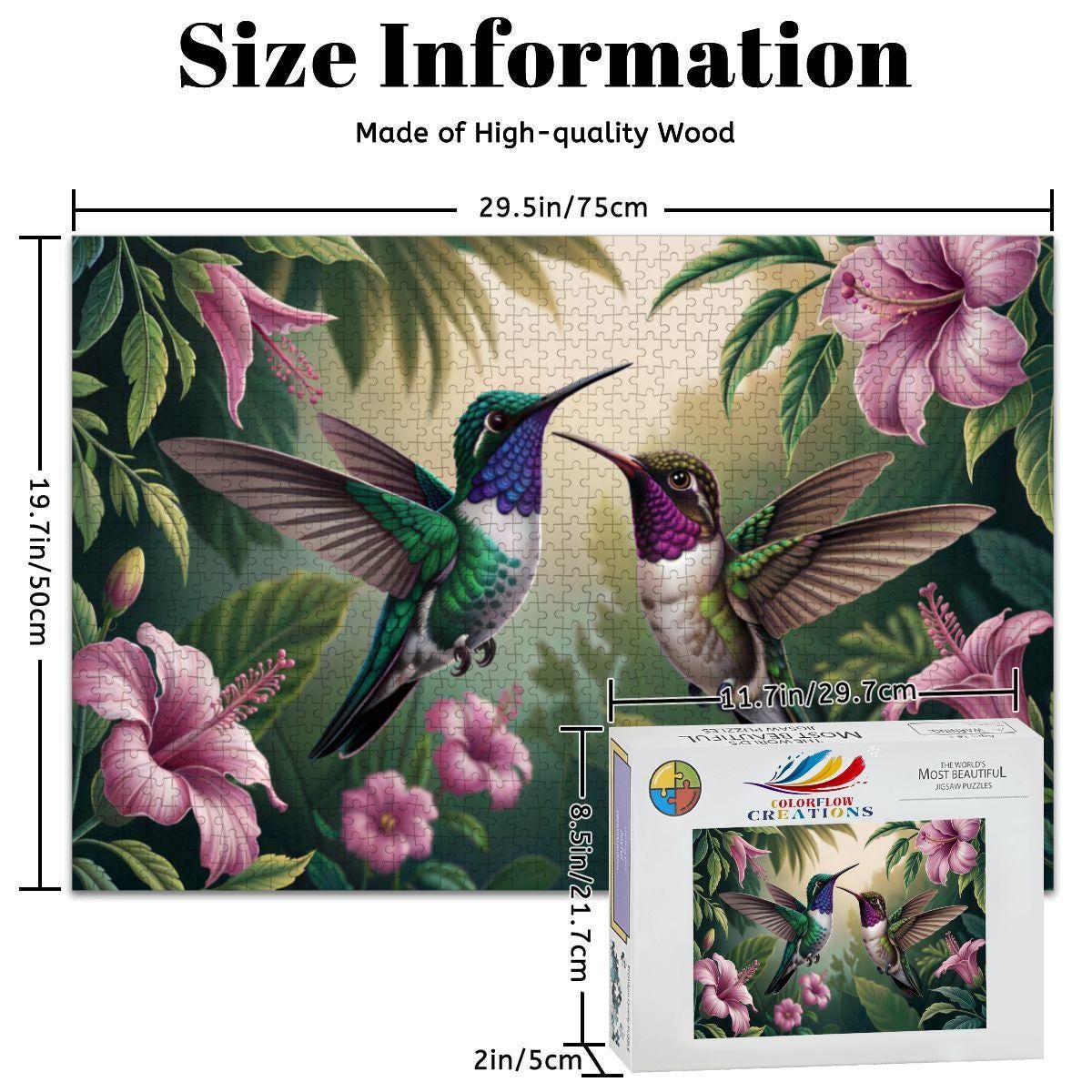 ColorFlow | Wooden Jigsaw Puzzle | Hummingbird Floral Art Wood Puzzle for Adults and Kids | Relaxing  Gift