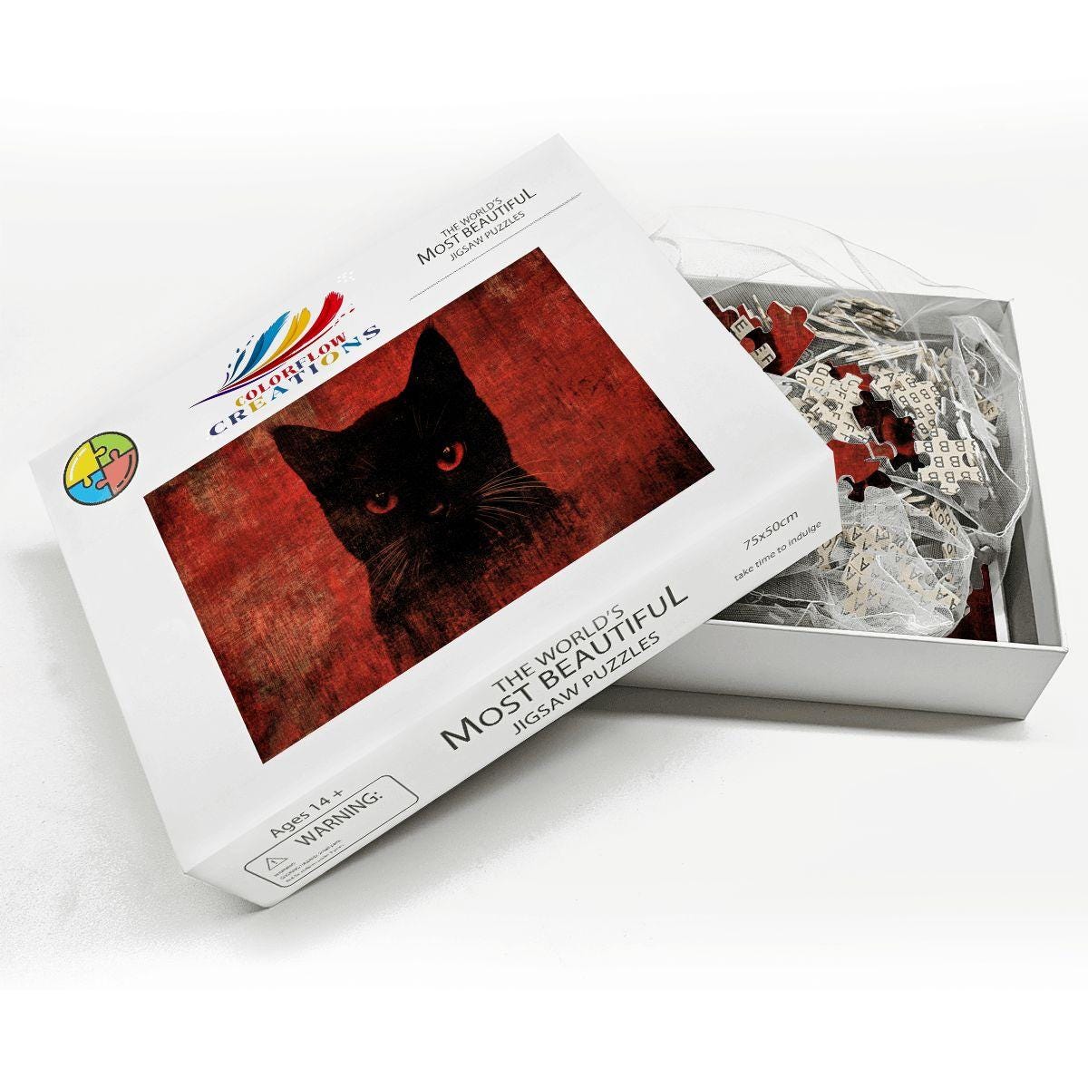 ColorFlow | Wooden Jigsaw Puzzle | Black Cat Red Art Wood Puzzle for Adults and Kids | Relaxing  Puzzle Gift