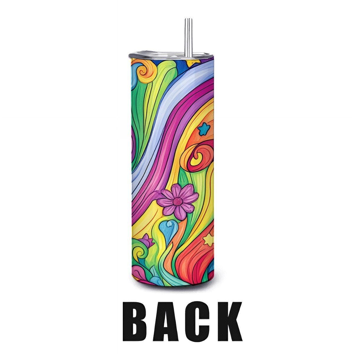 ColorFlow | Cosmic Bloom 20oz Stainless Steel Tumbler with Straw | Starry Night Rainbow Floral Insulated Travel Cup