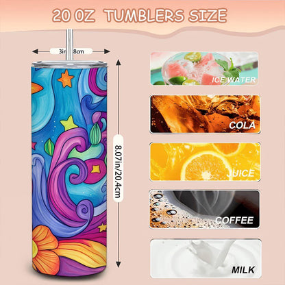 ColorFlow | Cosmic Bloom 20oz Stainless Steel Tumbler with Straw | Starry Night Rainbow Floral Insulated Travel Cup