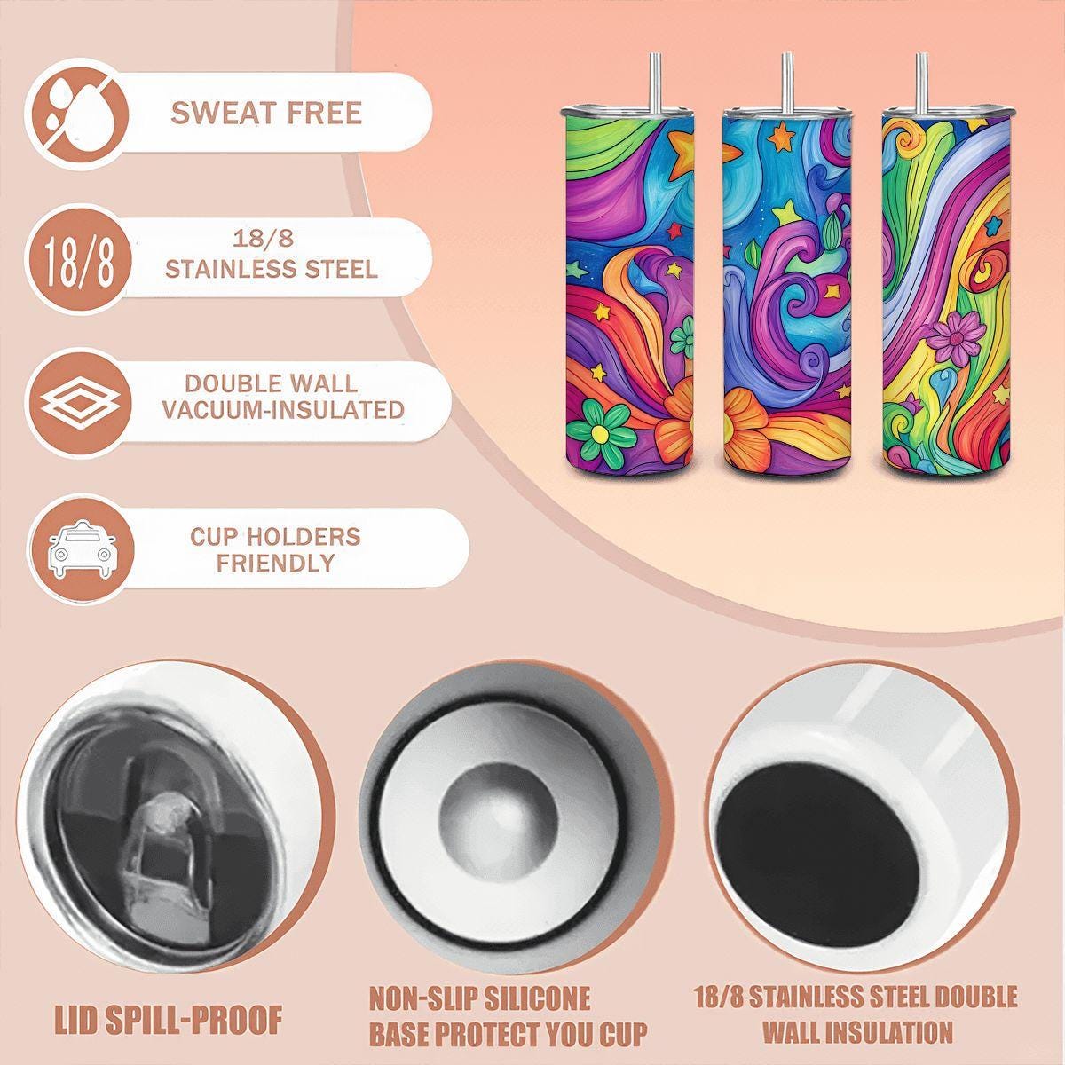 ColorFlow | Cosmic Bloom 20oz Stainless Steel Tumbler with Straw | Starry Night Rainbow Floral Insulated Travel Cup