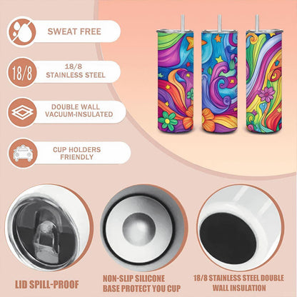 ColorFlow | Cosmic Bloom 20oz Stainless Steel Tumbler with Straw | Starry Night Rainbow Floral Insulated Travel Cup