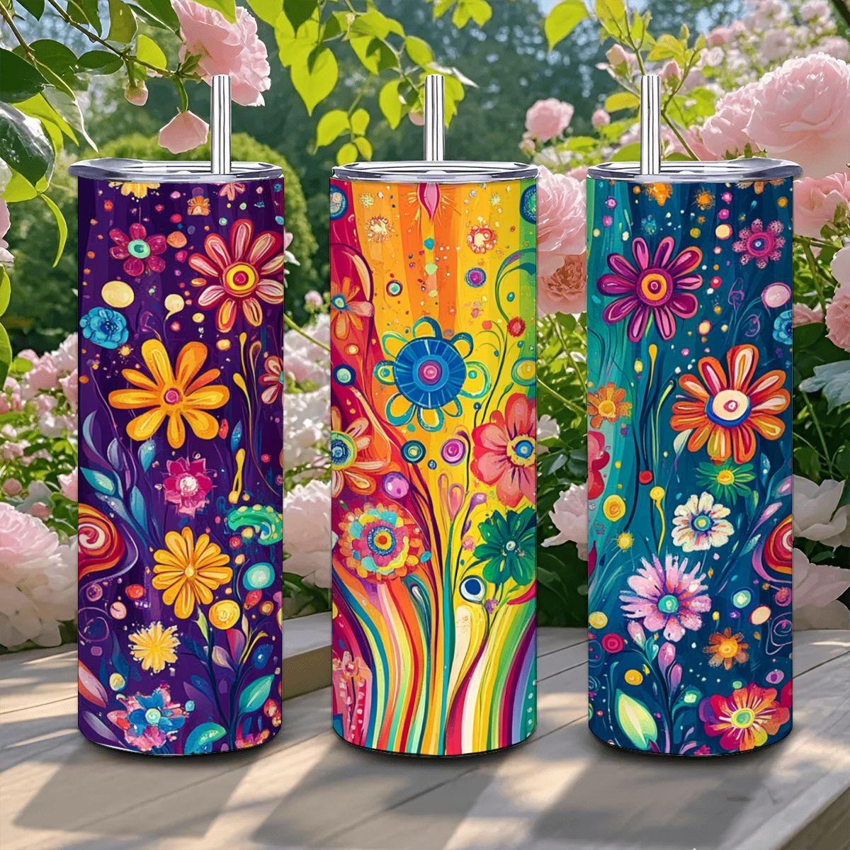 ColorFlow | Electric Garden Bloom 20oz Stainless Steel Tumbler with Straw | Bold Rainbow Floral Insulated Mug