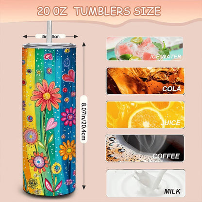 ColorFlow | Rainbow Meadow Magic 20oz Stainless Steel Tumbler with Straw | Colorful Wildflower Insulated Cup