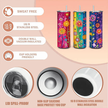 ColorFlow | Rainbow Meadow Magic 20oz Stainless Steel Tumbler with Straw | Colorful Wildflower Insulated Cup