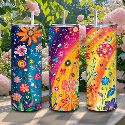 ColorFlow | Sunshine Spectrum Flowers 20oz Stainless Steel Tumbler with Straw | Vibrant Rainbow Floral Travel Mug