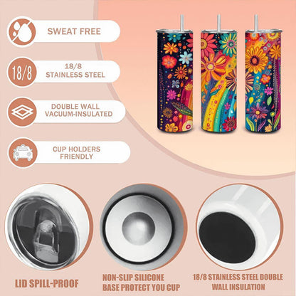 ColorFlow | Boho Rainbow Blossom 20oz Stainless Steel Tumbler with Straw | Vibrant Art Floral Insulated Cup