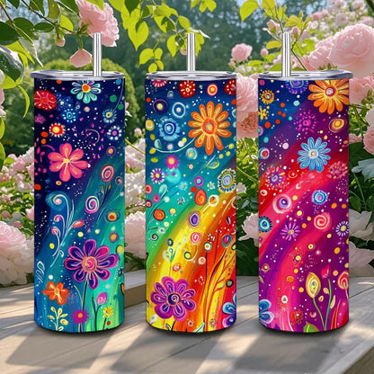 ColorFlow | Dreamy Rainbow Swirl 20oz Stainless Steel Tumbler with Straw | Whimsical Floral Art Travel Mug