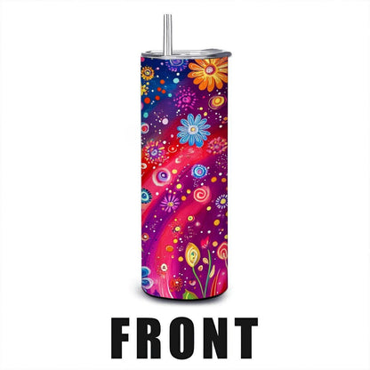 ColorFlow | Dreamy Rainbow Swirl 20oz Stainless Steel Tumbler with Straw | Whimsical Floral Art Travel Mug