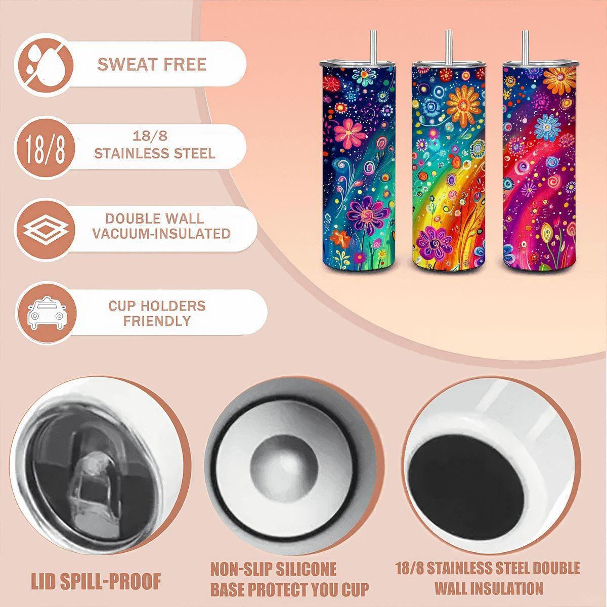 ColorFlow | Dreamy Rainbow Swirl 20oz Stainless Steel Tumbler with Straw | Whimsical Floral Art Travel Mug