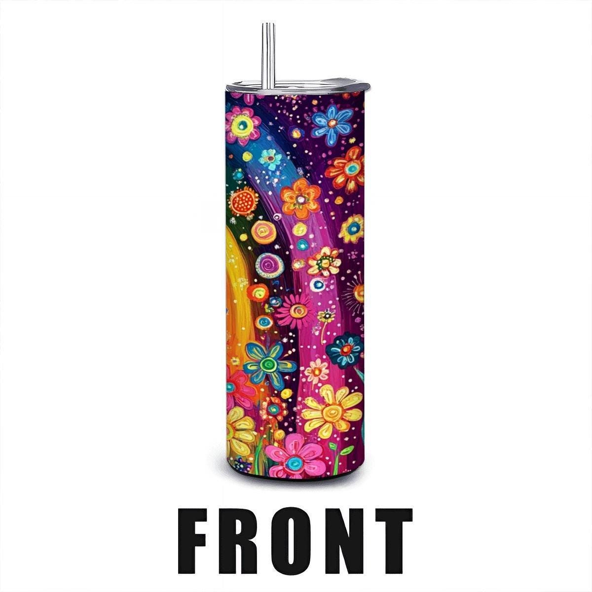ColorFlow | Rainbow Garden Arch 20oz Stainless Steel Tumbler with Straw | Colorful Flower Field Insulated Mug