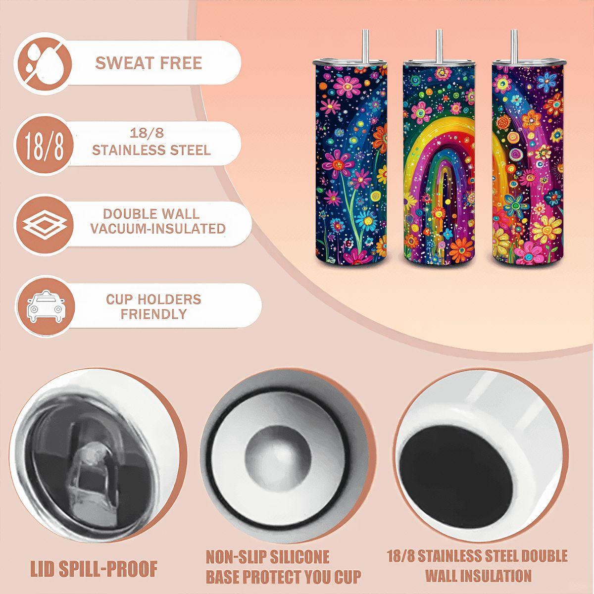 ColorFlow | Rainbow Garden Arch 20oz Stainless Steel Tumbler with Straw | Colorful Flower Field Insulated Mug