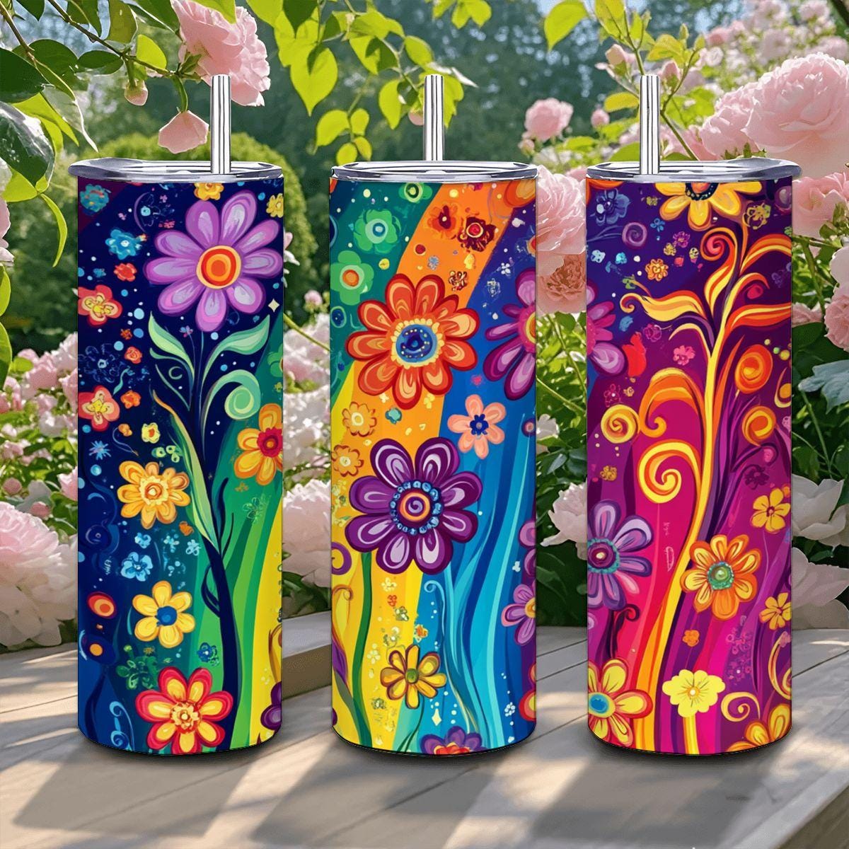 ColorFlow | Radiant Rainbow Flora 20oz Stainless Steel Tumbler with Straw | Bold Swirl Floral Insulated Cup