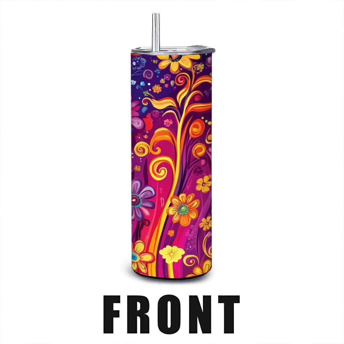 ColorFlow | Radiant Rainbow Flora 20oz Stainless Steel Tumbler with Straw | Bold Swirl Floral Insulated Cup