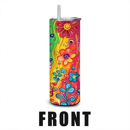 ColorFlow | Garden Party Rainbow 20oz Stainless Steel Tumbler with Straw | Whimsical Floral Art Insulated Mug