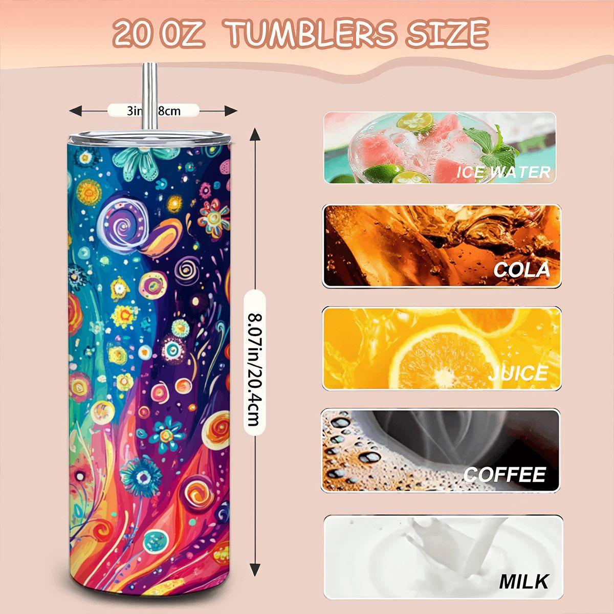 ColorFlow | Spiral Wildflower Rainbow 20oz Stainless Steel Tumbler with Straw | Vibrant Swirl Art Insulated Cup