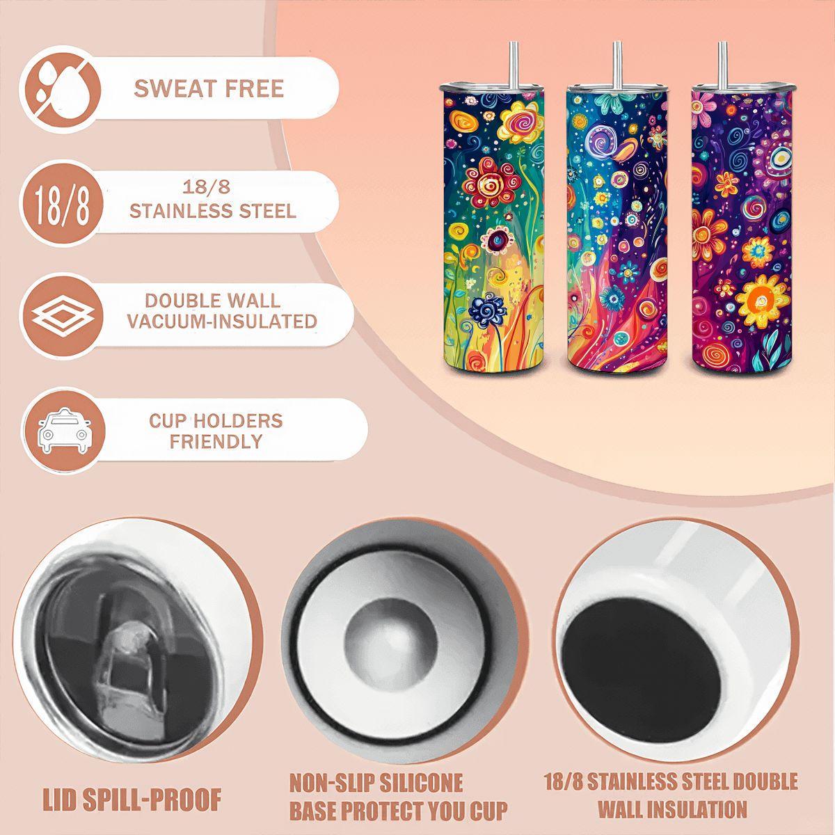 ColorFlow | Spiral Wildflower Rainbow 20oz Stainless Steel Tumbler with Straw | Vibrant Swirl Art Insulated Cup