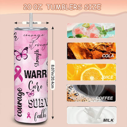 ColorFlow | Pink Breast Cancer Warrior 20oz Stainless Tumbler with Straw | Survivor Support Gift | Hope Courage Mug
